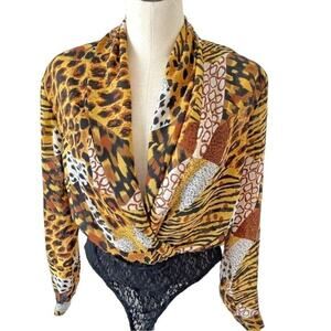 Vintage Cache Bodysuit Plunge V Neck Animal Print Long Sleeves Top Size 8